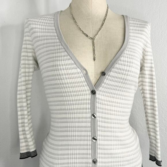 Gray and White Striped Button V-Neck Cardigan - Picture 2 of 9
